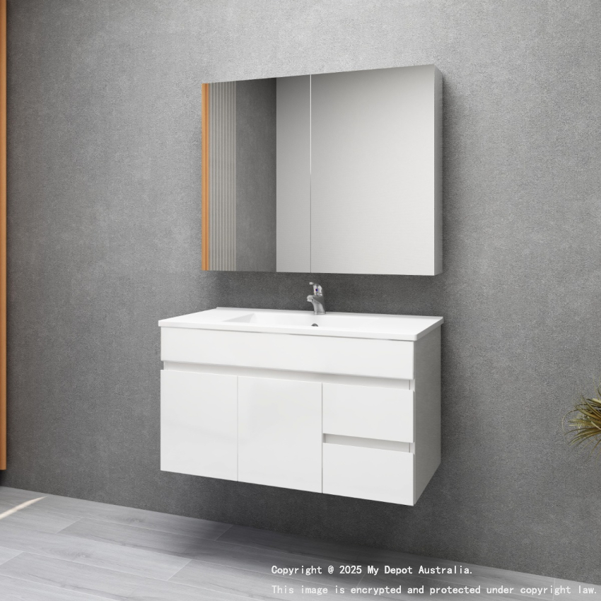 900MM Gloss White MDF Bathroom Vanity Right Drawers Wall Hung Cabinet Only