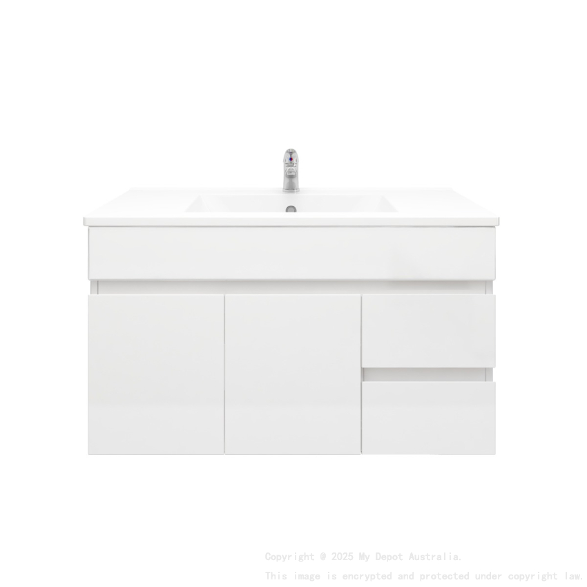 900MM Gloss White MDF Bathroom Vanity Right Drawers Wall Hung Cabinet Only