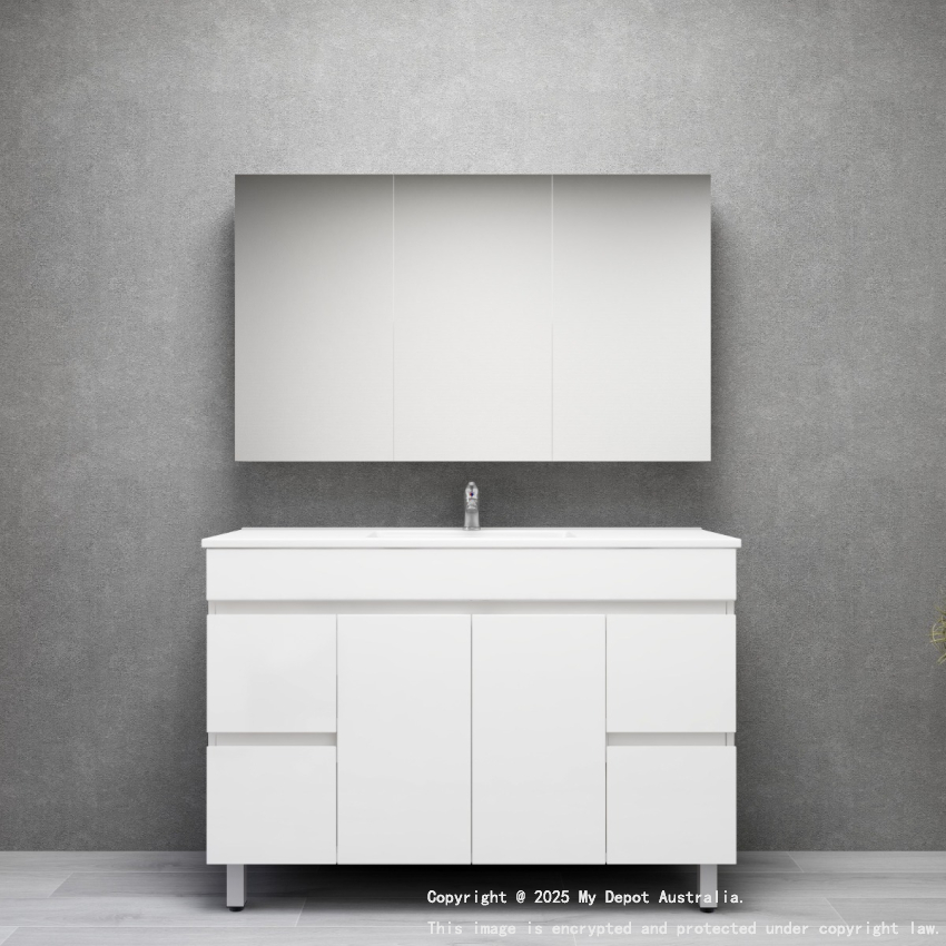1200MM Gloss White MDF Bathroom Vanity 4 Side Drawers 2 Middle Doors Free standing Cabinet Only