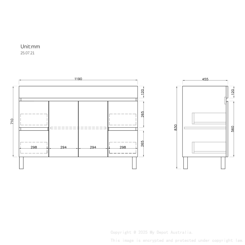 1200MM Gloss White MDF Bathroom Vanity 4 Side Drawers 2 Middle Doors Free standing Cabinet Only