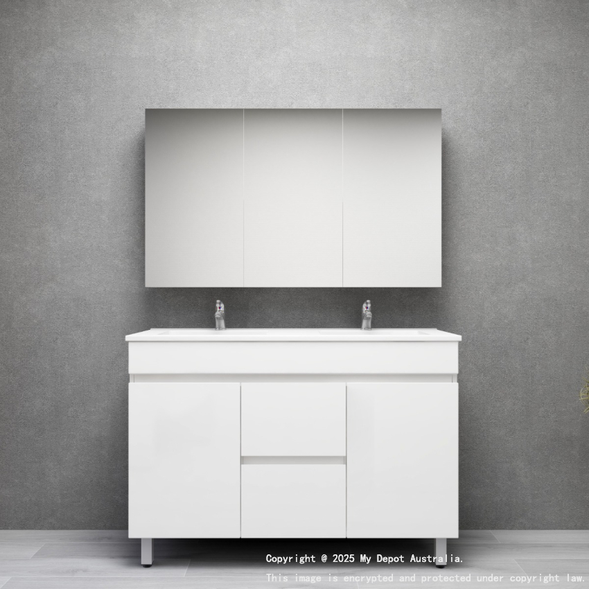 1200MM Gloss White MDF Bathroom Vanity 2 Middle Drawers 2 Side Doors Free standing Cabinet Only