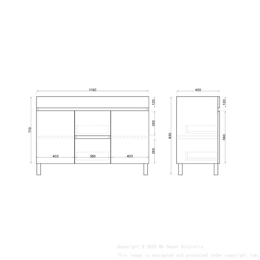 1200MM Gloss White MDF Bathroom Vanity 2 Middle Drawers 2 Side Doors Free standing Cabinet Only