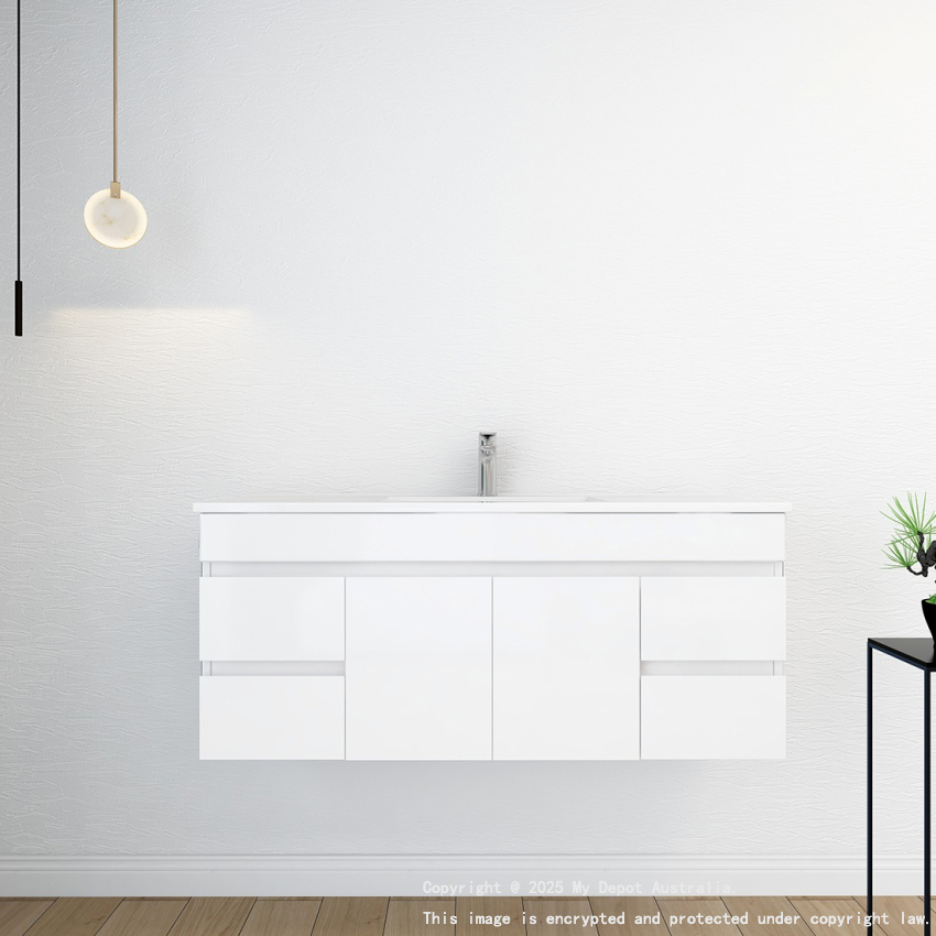 1200MM Gloss White MDF Bathroom Vanity 2 Middle Doors 4 Side Drawers Wall Hung Cabinet Only