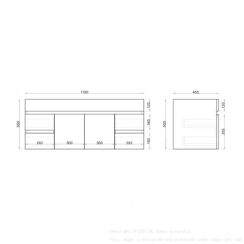 1200MM Gloss White MDF Bathroom Vanity 2 Middle Doors 4 Side Drawers Wall Hung Cabinet Only
