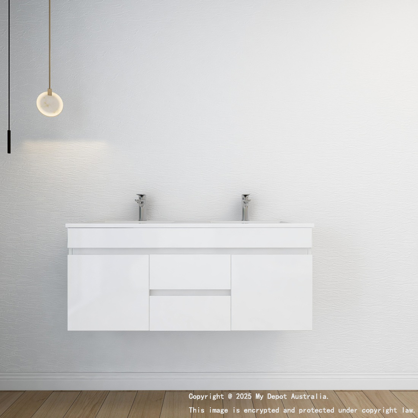 1200MM Gloss White PVC Bathroom Vanity 2 Middle Drawers 2 Side Doors Wall Hung Cabinet Only