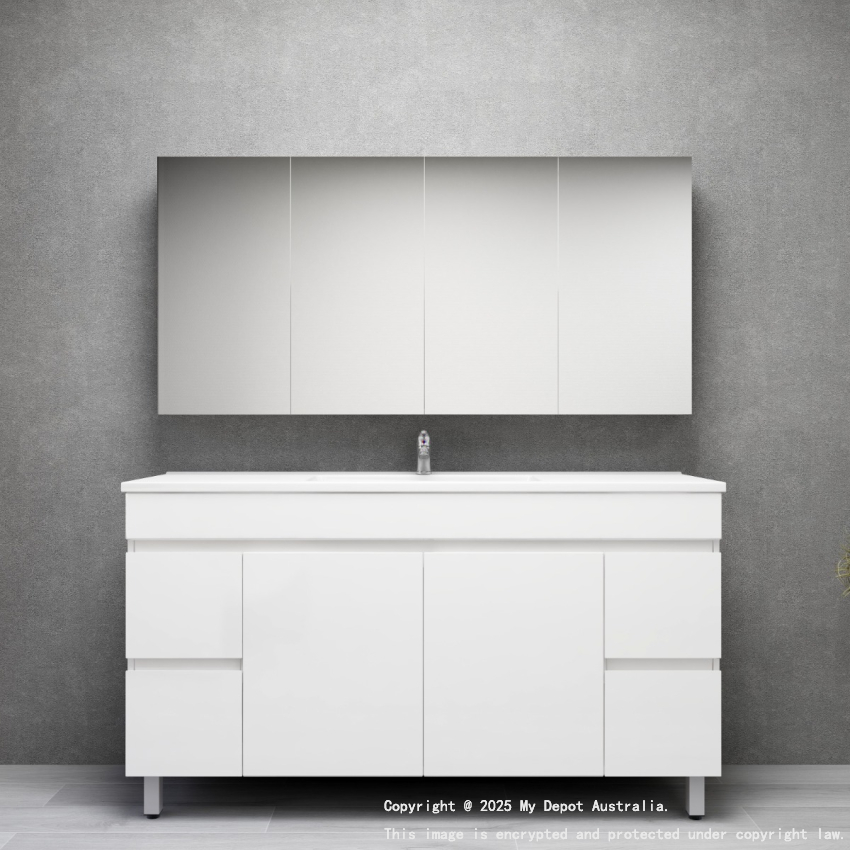 1500MM Gloss White MDF Bathroom Vanity 4 Side Drawers 2 Middle Doors Free standing Cabinet Only