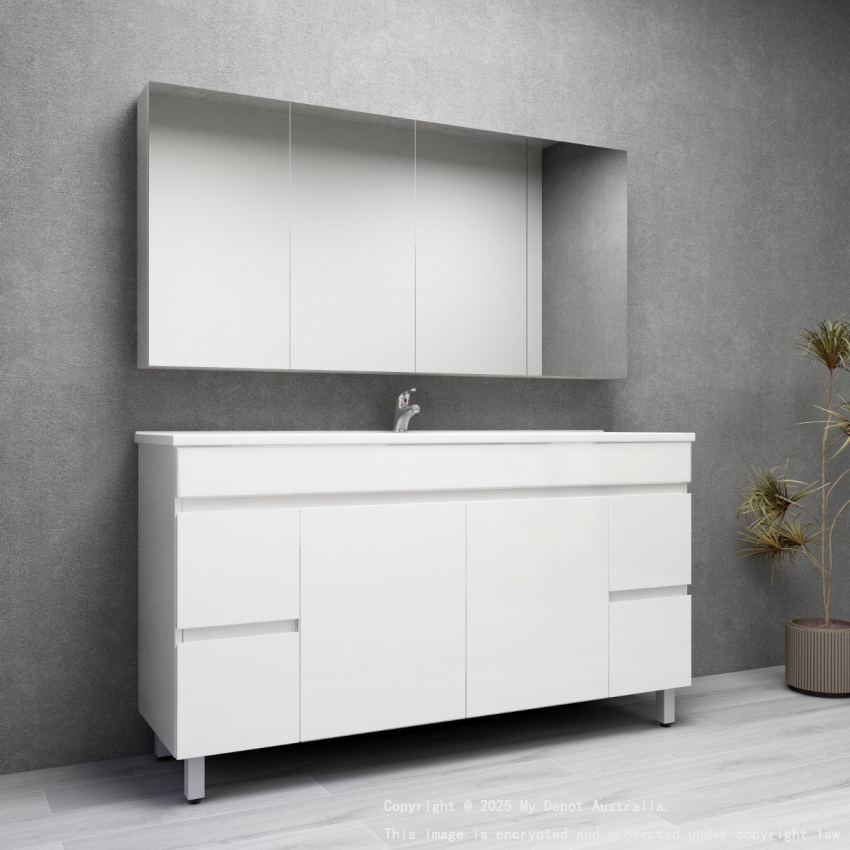 1500MM Gloss White MDF Bathroom Vanity 4 Side Drawers 2 Middle Doors Free standing Cabinet Only