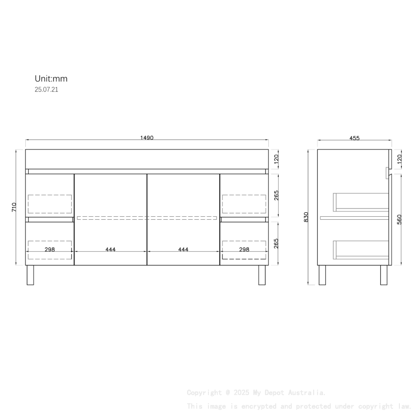 1500MM Gloss White MDF Bathroom Vanity 4 Side Drawers 2 Middle Doors Free standing Cabinet Only