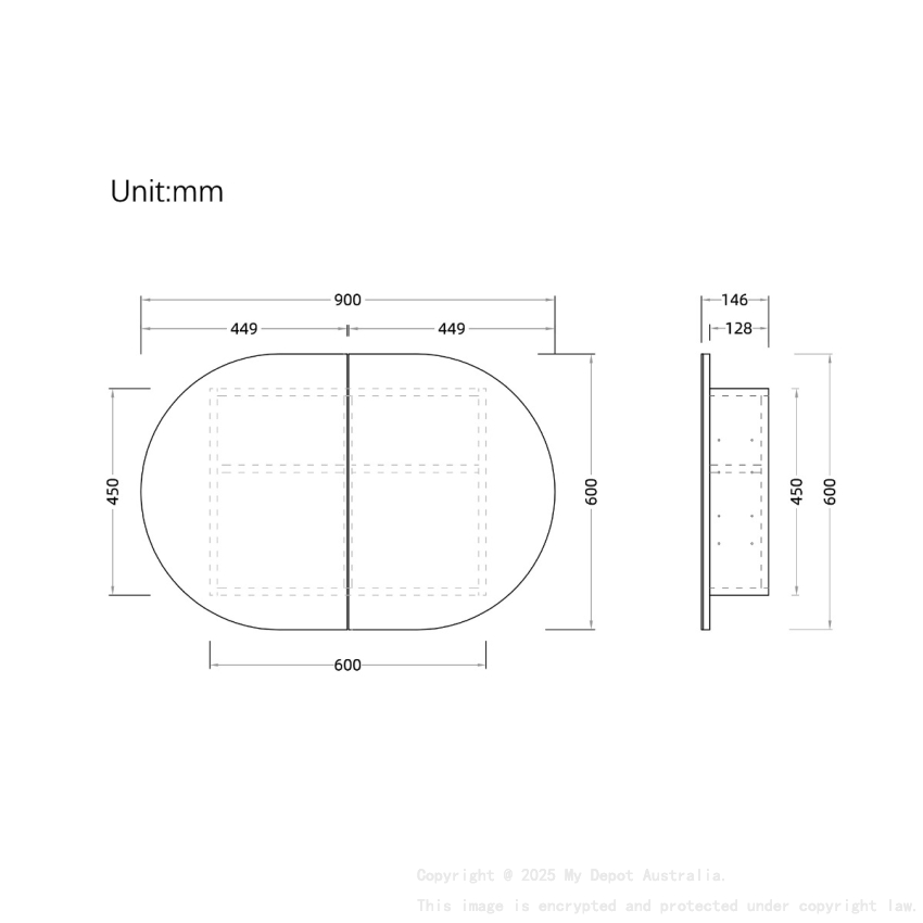 900x600mm Oval Matte Black Mirror Cabinet MDF 2/DR Shaving Cabinet