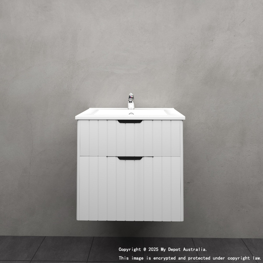 600mm Wall Hung Grooved Bathroom Vanity Matte White Finish 2 PAC Coating MDF Board Cabinet Only