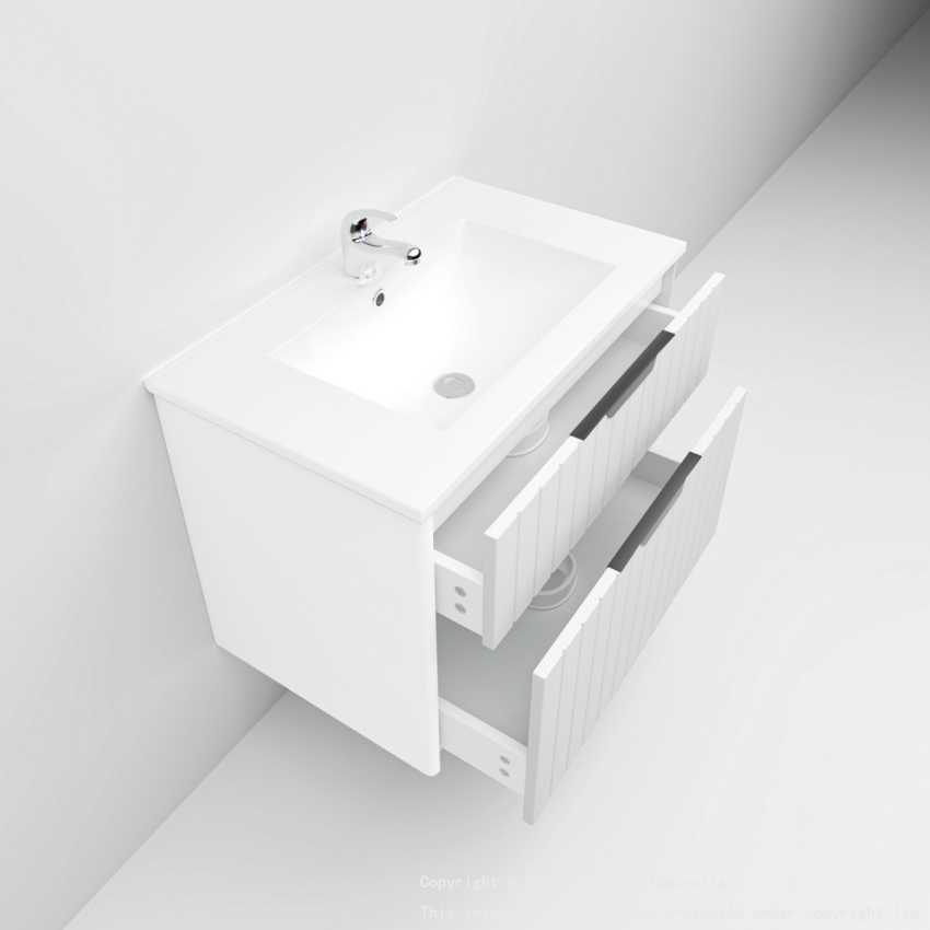 750mm Wall Hung Grooved Bathroom Vanity Matte White Finish 2 PAC Coating MDF Board Cabinet Only 