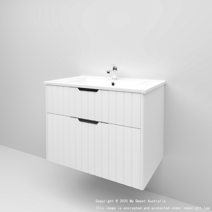 750mm Wall Hung Grooved Bathroom Vanity Matte White Finish 2 PAC Coating MDF Board Cabinet Only 