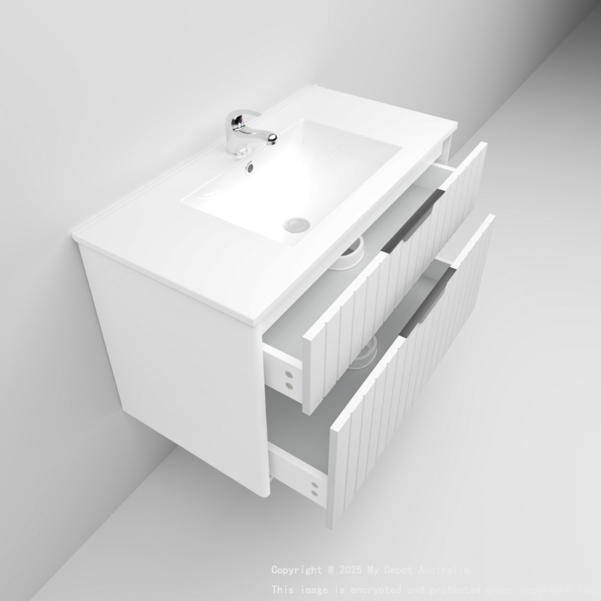 900mm Wall Hung Grooved Bathroom Vanity Matte White Finish 2 PAC Coating MDF Board Cabinet Only 