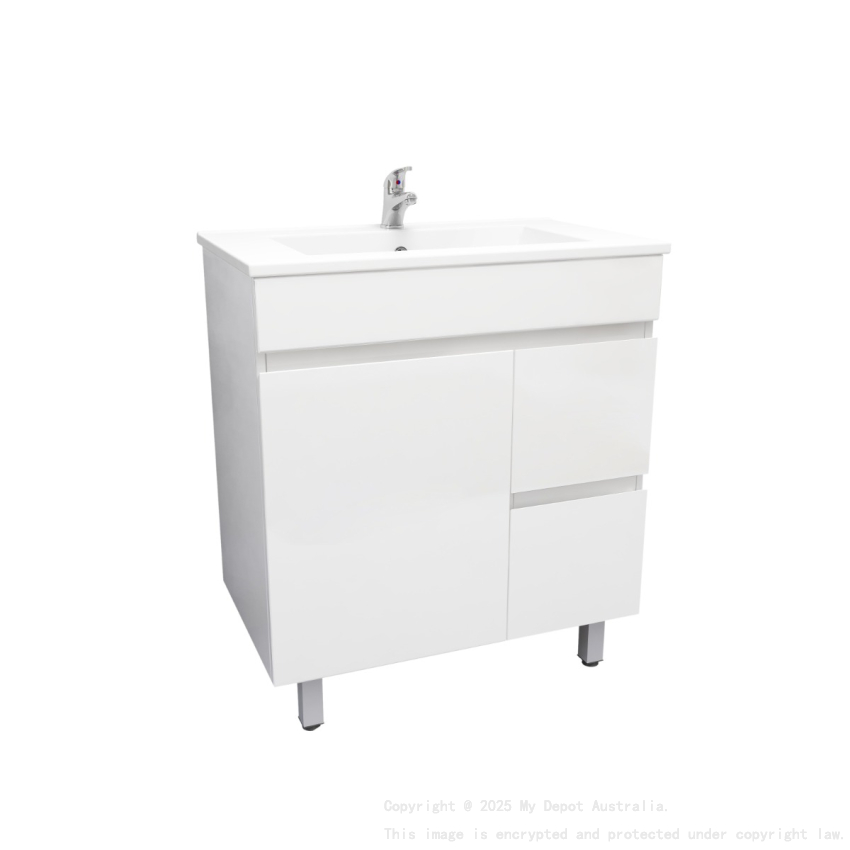 750MM Narrow Gloss White PVC Bathroom Vanity Right Drawers Free standing Cabinet Only