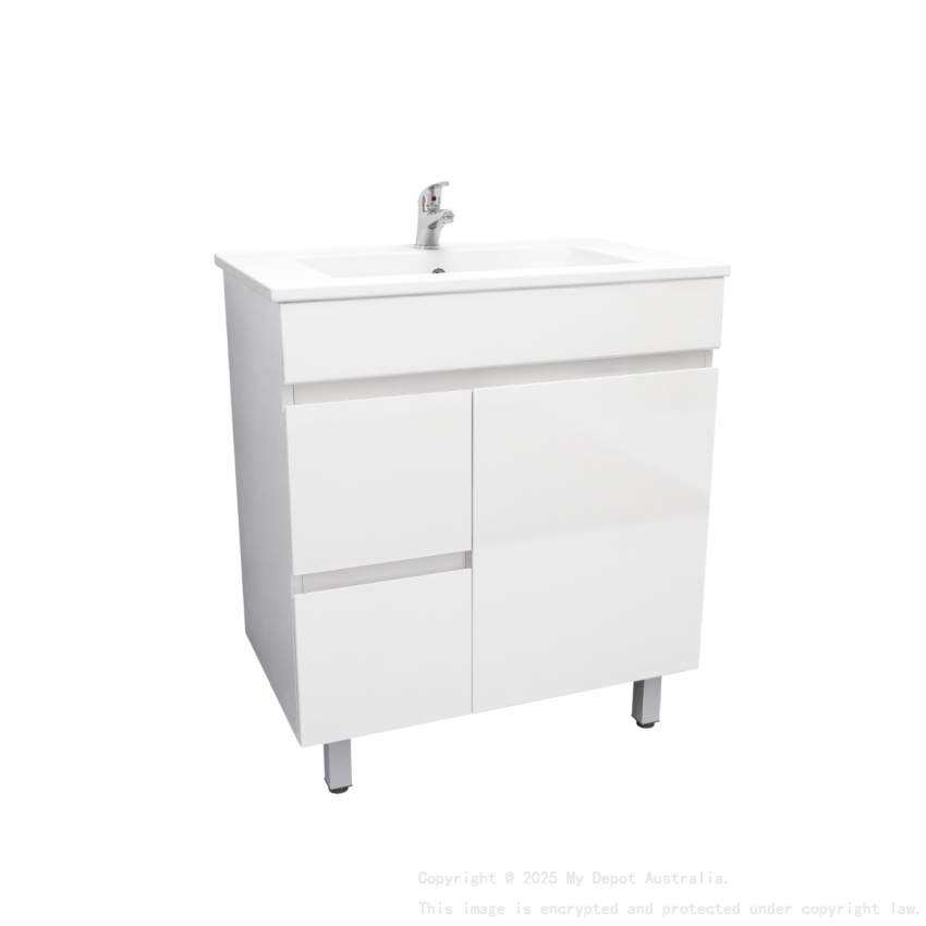 750MM Narrow Gloss White PVC Bathroom Vanity Left Drawers Free standing Cabinet Only 