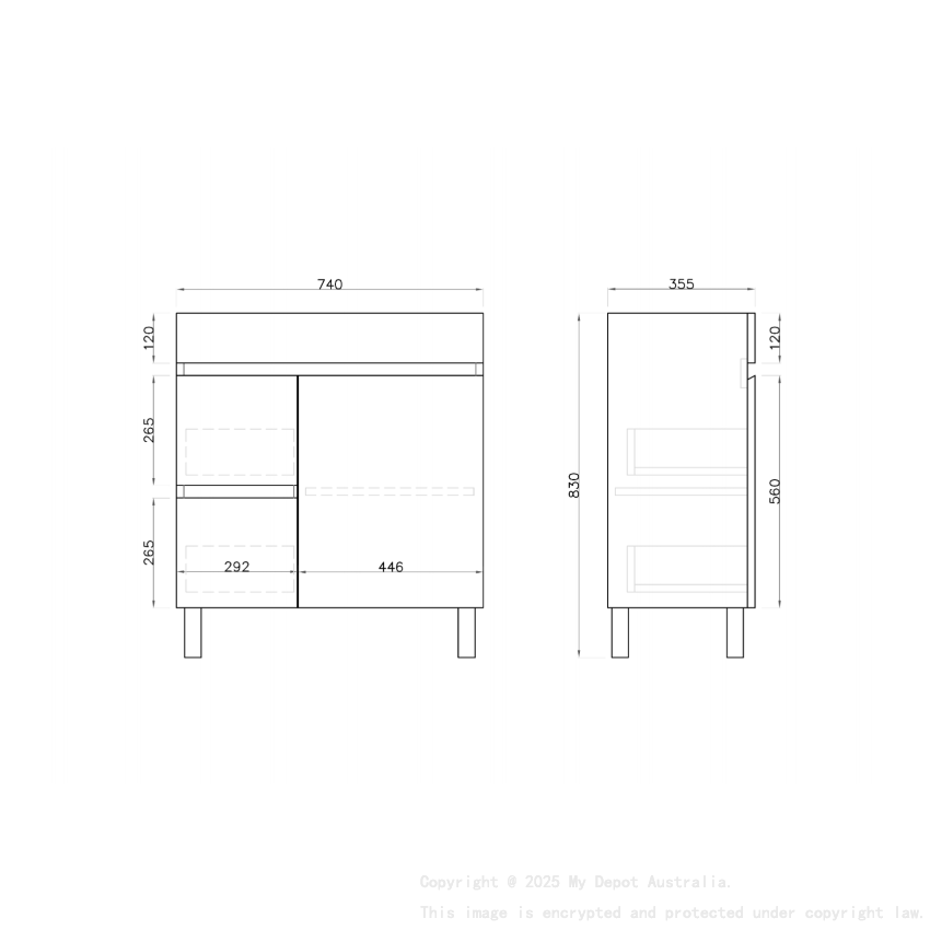 750MM Narrow Gloss White PVC Bathroom Vanity Left Drawers Free standing Cabinet Only 