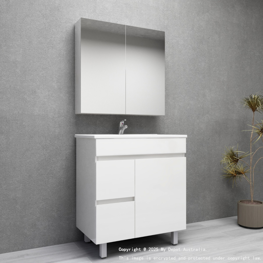 750MM Gloss White PVC Bathroom Vanity Left Drawers Free standing Cabinet Only
