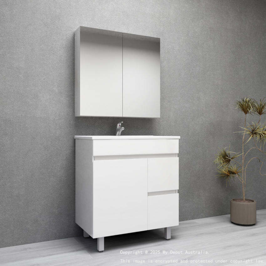 750MM Gloss White PVC Bathroom Vanity  Right Drawers Free standing Cabinet Only