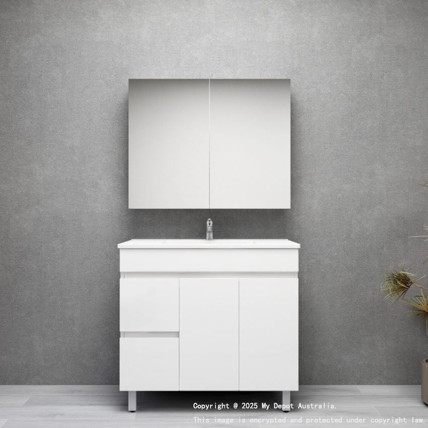900MM Gloss White PVC Bathroom Vanity Left Drawers Free standing Cabinet Only