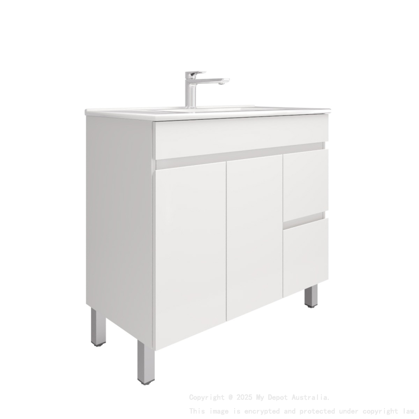 900MM Gloss White PVC Bathroom Vanity Right Drawers Free standing Cabinet Only