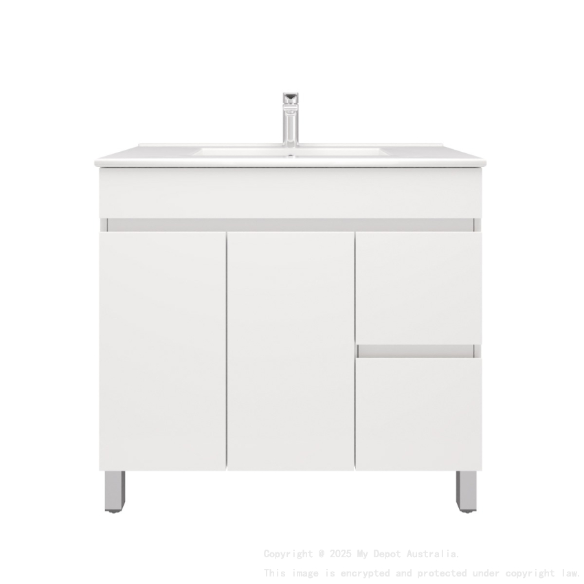 900MM Gloss White PVC Bathroom Vanity Right Drawers Free standing Cabinet Only