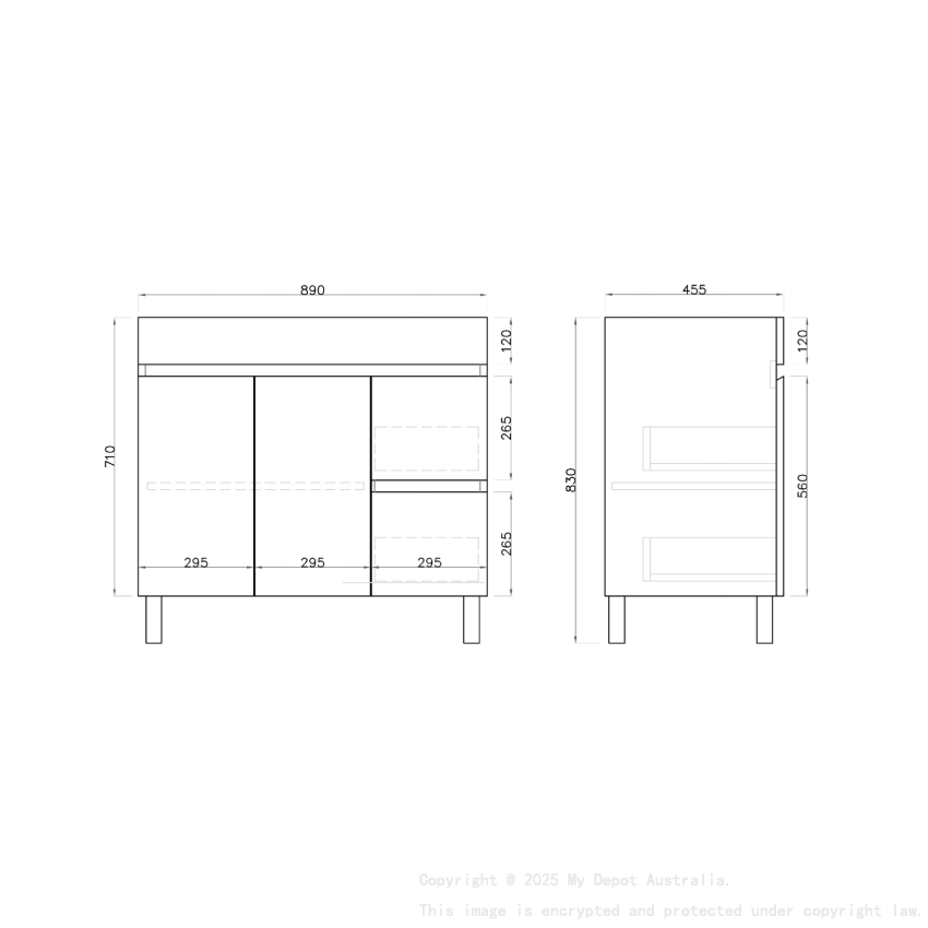 900MM Gloss White PVC Bathroom Vanity Right Drawers Free standing Cabinet Only