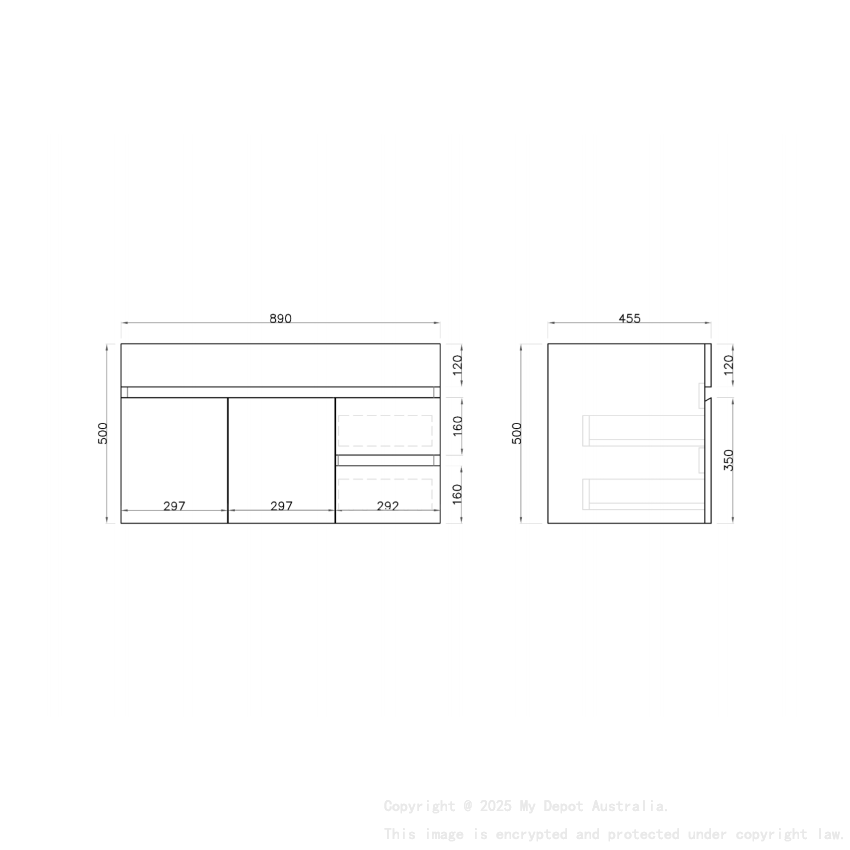 900MM Gloss White PVC Bathroom Vanity Right Drawers Wall Hung Cabinet Only
