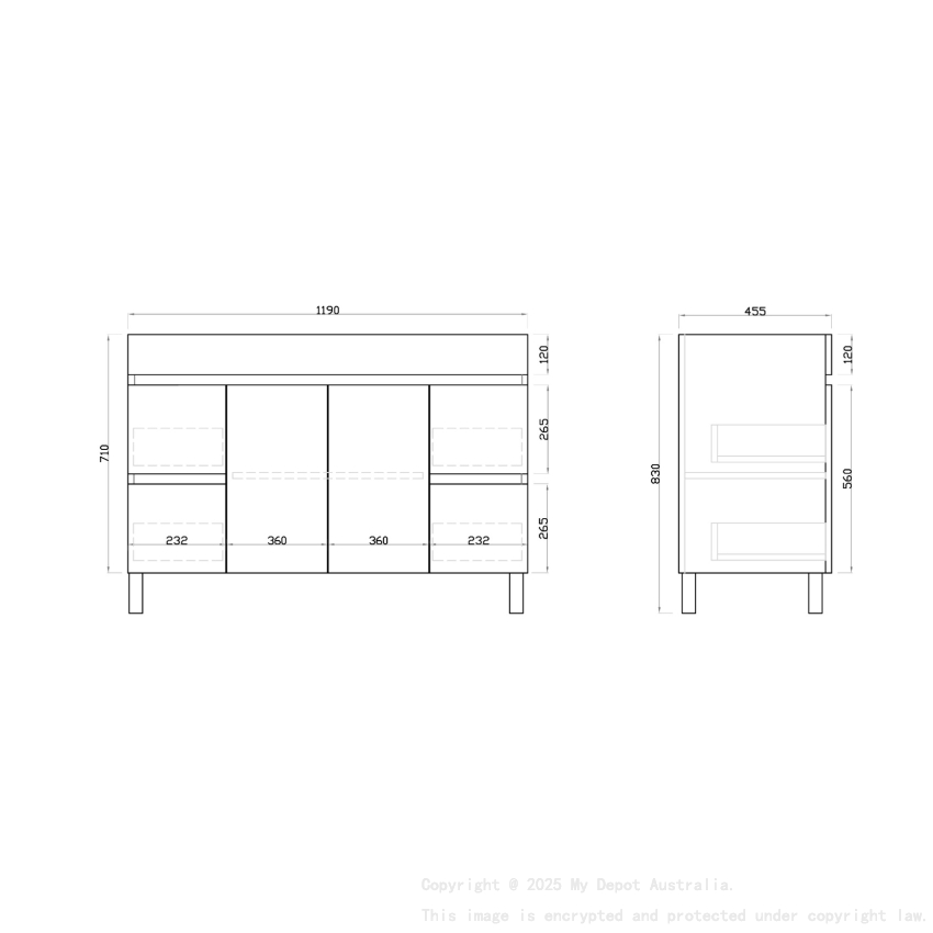 1200MM Gloss White PVC Bathroom Vanity 4 Side Drawers 2 Middle Doors Free standing Cabinet Only
