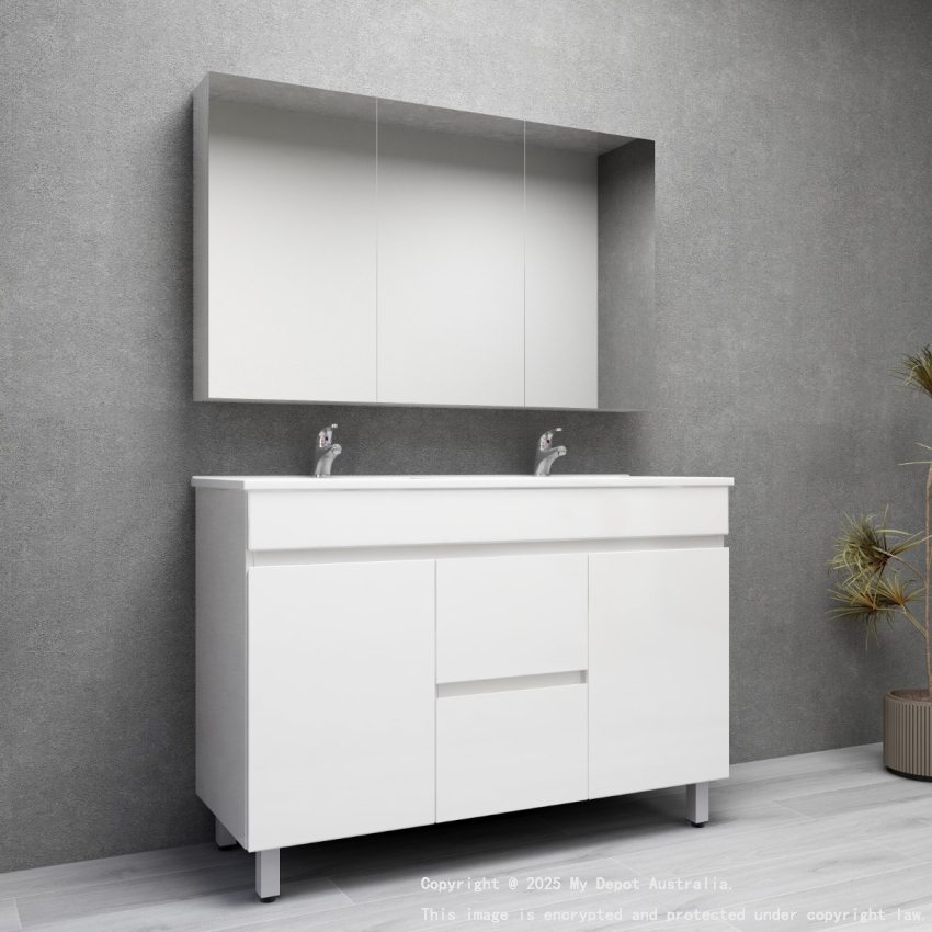 1200MM Gloss White PVC Bathroom Vanity 2 Middle Drawers 2 Side Doors Free standing Cabinet Only