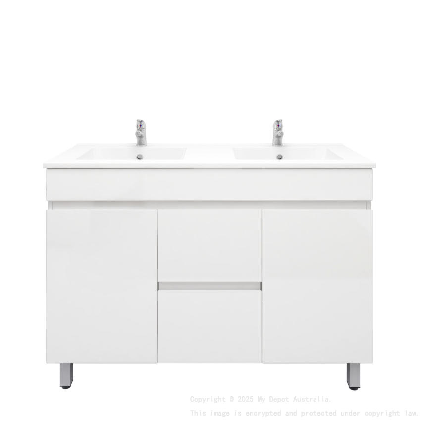 1200MM Gloss White PVC Bathroom Vanity 2 Middle Drawers 2 Side Doors Free standing Cabinet Only