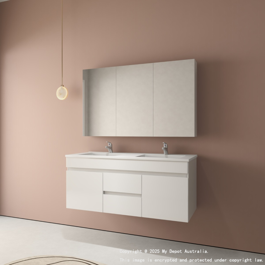 1200MM Gloss White PVC Bathroom Vanity 2 Middle Drawers 2 Side Doors Wall Hung Cabinet Only