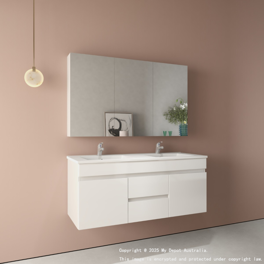 1200MM Gloss White PVC Bathroom Vanity 2 Middle Drawers 2 Side Doors Wall Hung Cabinet Only