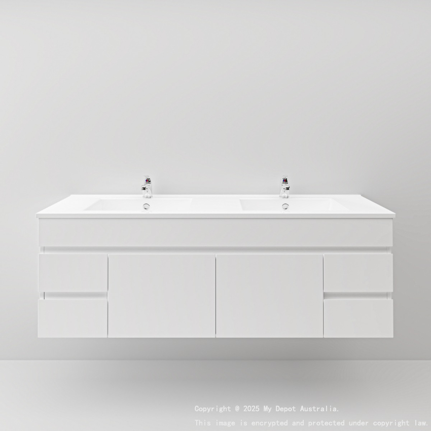 1500MM Gloss White PVC Bathroom Vanity 4 Side Drawers 2 Middle Doors Wall Hung Cabinet Only