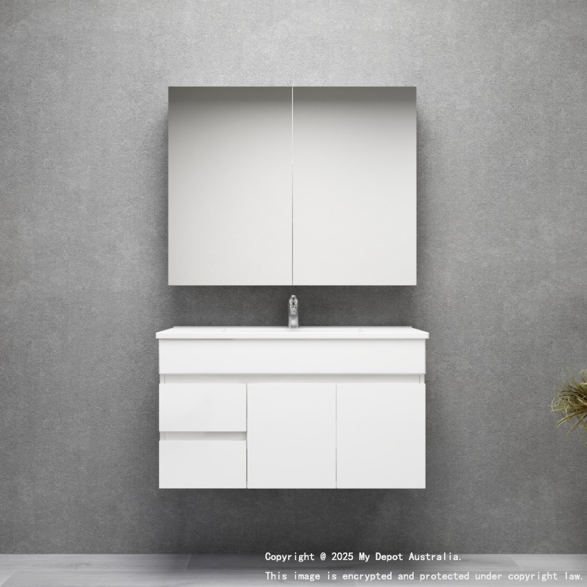 900MM Narrow Gloss White PVC Bathroom Vanity Wall Hung 2 Left Drawers 2 Right Doors Cabinet Only