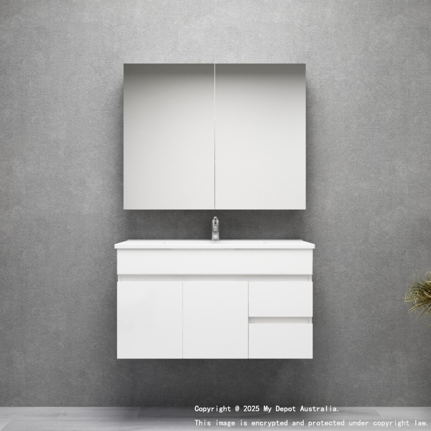 900MM Narrow Gloss White PVC Bathroom Vanity Wall Hung 2 Right Drawers 2 Left Doors Cabinet Only