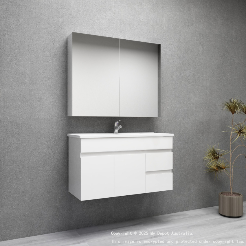 900MM Narrow Gloss White PVC Bathroom Vanity Wall Hung 2 Right Drawers 2 Left Doors Cabinet Only