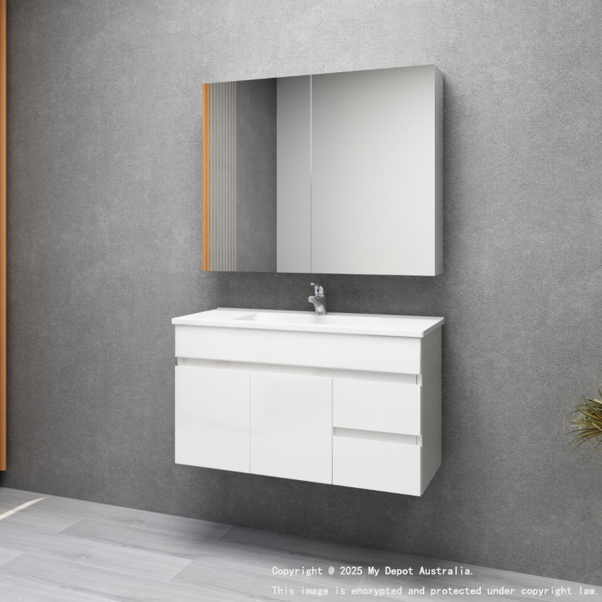900MM Narrow Gloss White PVC Bathroom Vanity Wall Hung 2 Right Drawers 2 Left Doors Cabinet Only