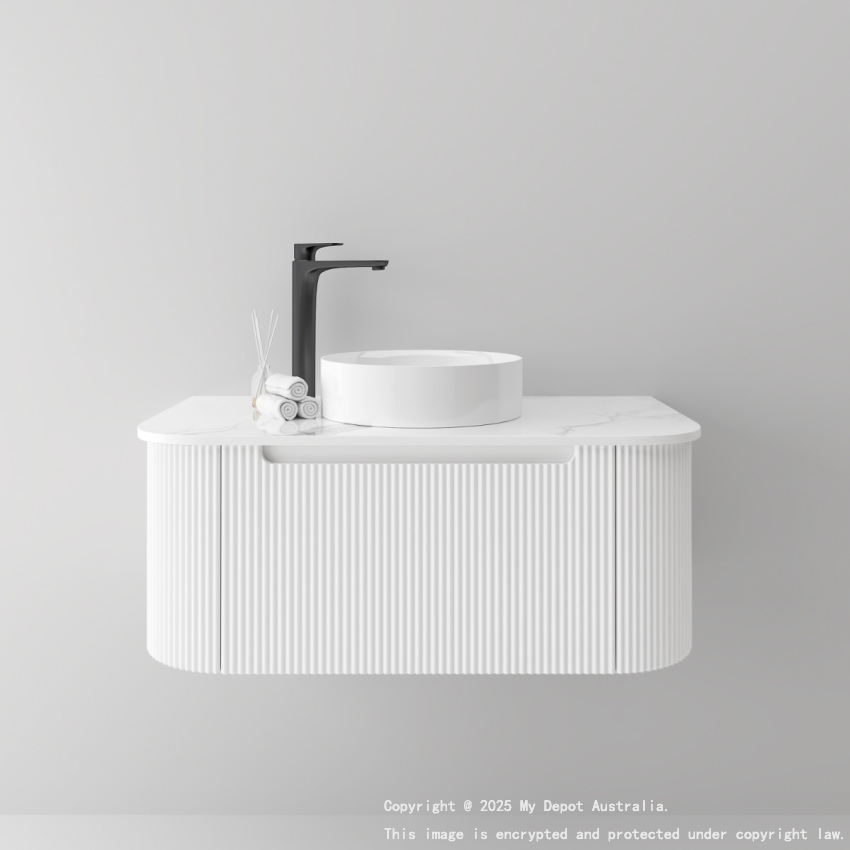 900mm Matte White 2PAC PVC 1/DW Curved Ribbed Design Wall Hung Finger Pull Drawer Cabinet Only 