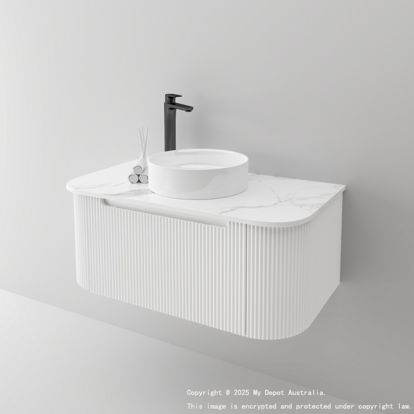 900mm Matte White 2PAC PVC 1/DW Curved Ribbed Design Wall Hung Finger Pull Drawer Cabinet Only 