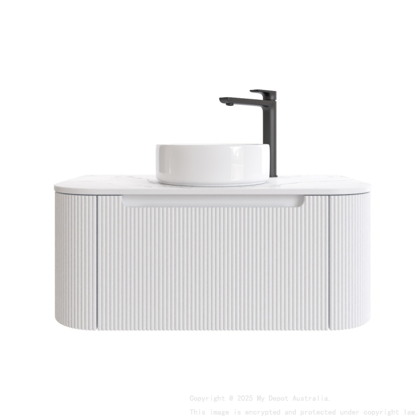 900mm Matte White 2PAC PVC 1/DW Curved Ribbed Design Wall Hung Finger Pull Drawer Cabinet Only 