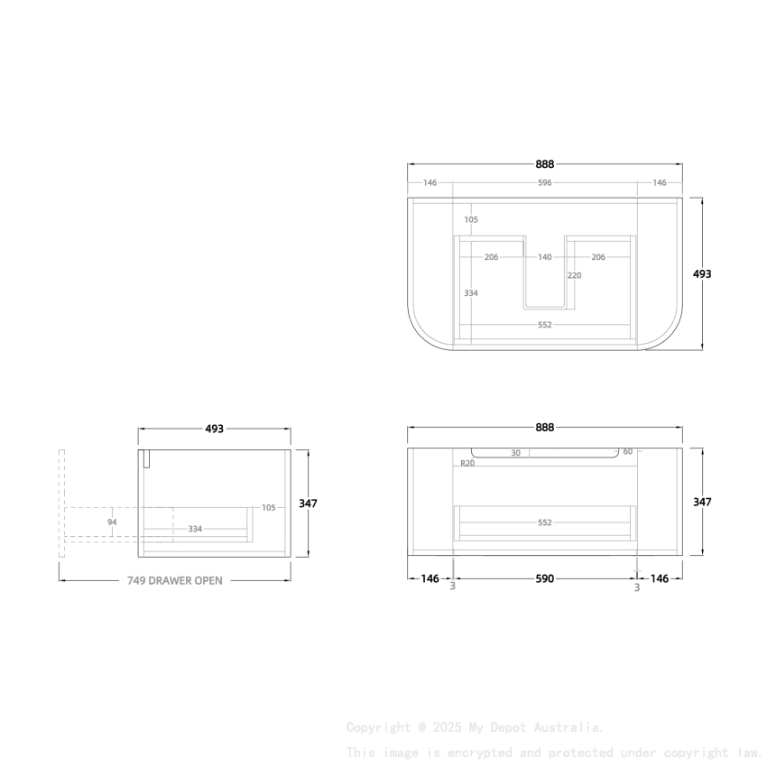 900mm Matte White 2PAC PVC 1/DW Curved Ribbed Design Wall Hung Finger Pull Drawer Cabinet Only 