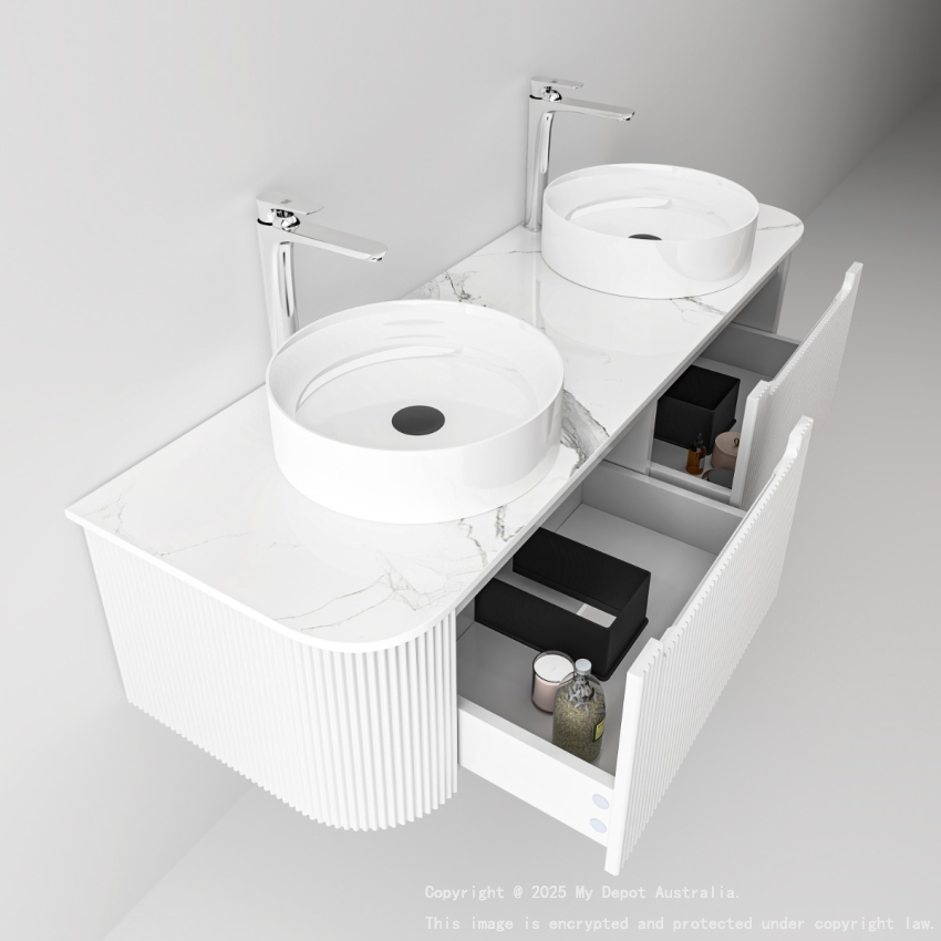 1500mm Matte White 2PAC PVC 2/DW Curved Ribbed Design Wall Hung Cabinet Only