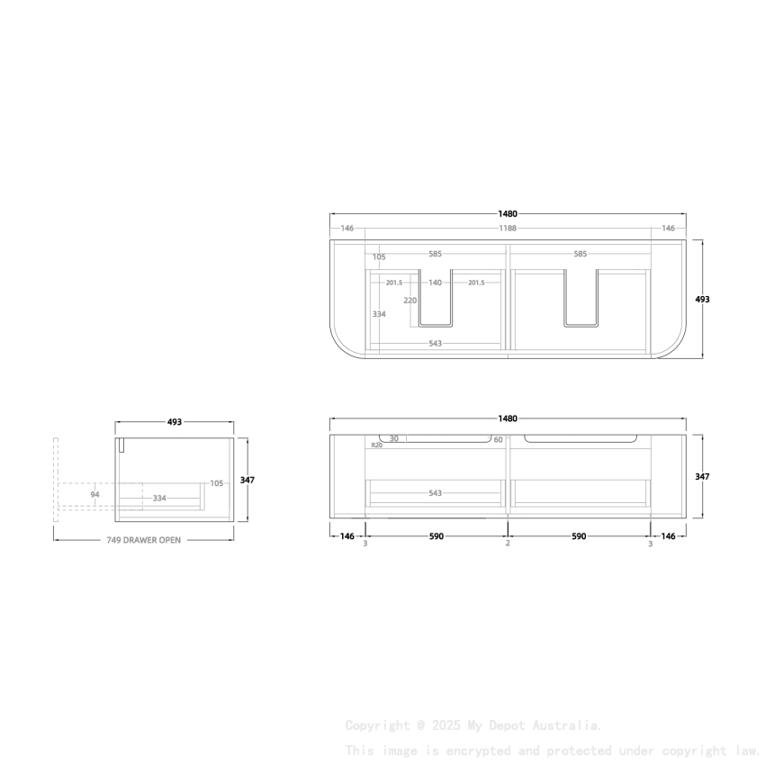 1500mm Matte White 2PAC PVC 2/DW Curved Ribbed Design Wall Hung Cabinet Only