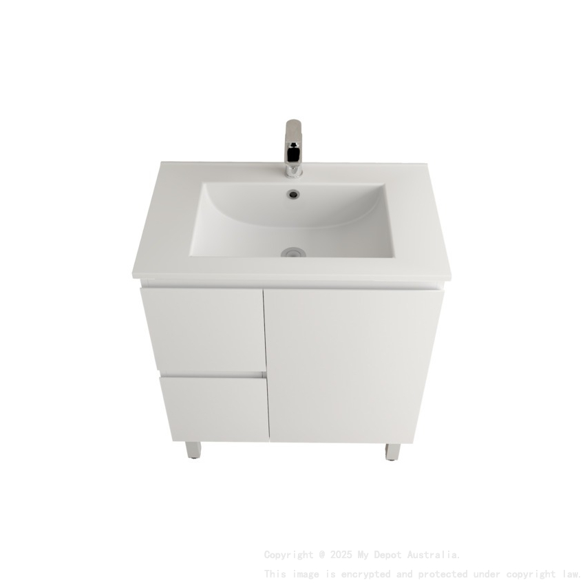 750Lx830Hx450Dmm Gloss White 2PAC PVC Two Left Drawers One Right Door Freestanding Vanity Cabinet Only