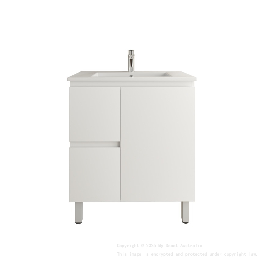 750Lx830Hx450Dmm Gloss White 2PAC PVC Two Left Drawers One Right Door Freestanding Vanity Cabinet Only
