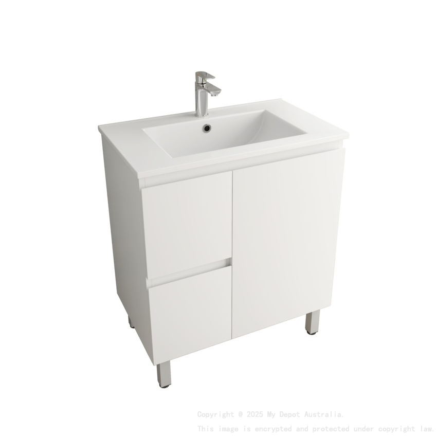 750Lx830Hx450Dmm Gloss White 2PAC PVC Two Left Drawers One Right Door Freestanding Vanity Cabinet Only