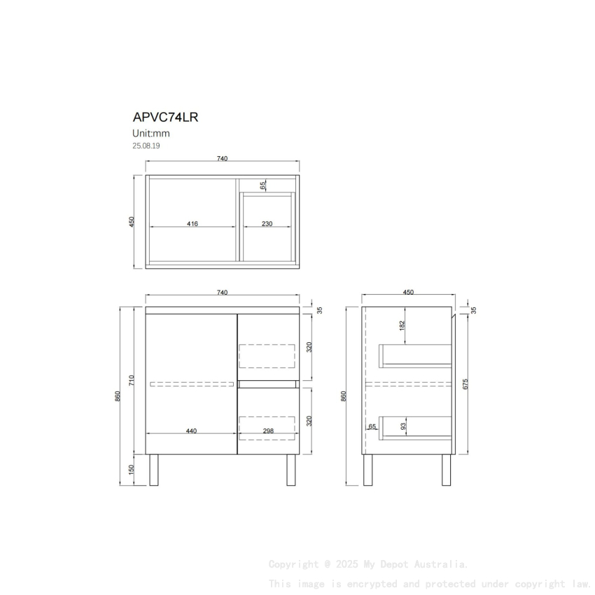 750Lx830Hx450Dmm Gloss White 2PAC PVC Two Right Drawers One Left Door Freestanding Vanity Cabinet Only