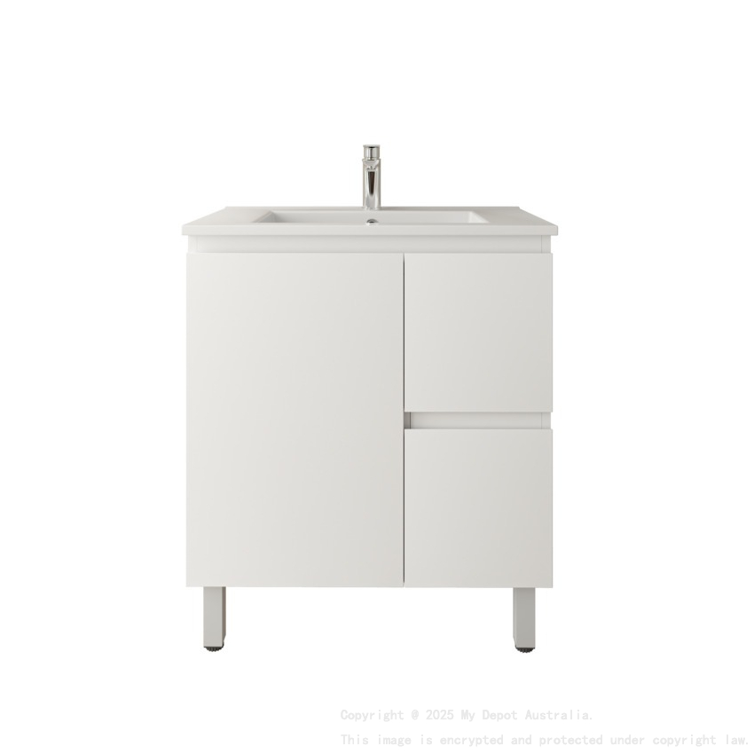 750Lx830Hx450Dmm Gloss White 2PAC PVC Two Right Drawers One Left Door Freestanding Vanity Cabinet Only