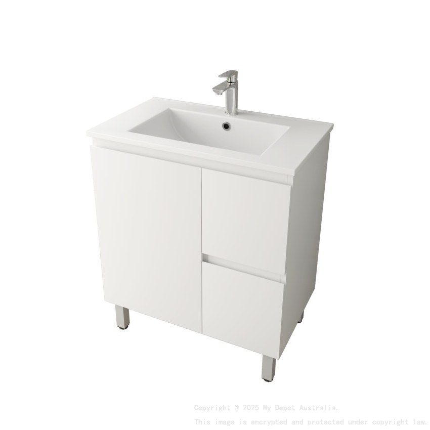 750Lx830Hx450Dmm Gloss White 2PAC PVC Two Right Drawers One Left Door Freestanding Vanity Cabinet Only