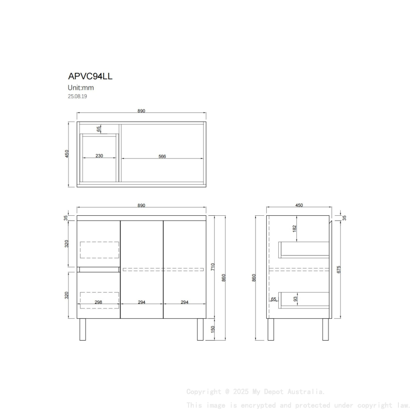 900Lx830Hx450Dmm Gloss White 2PAC PVC Two Left Drawers Two Right Door Freestanding Vanity Cabinet Only